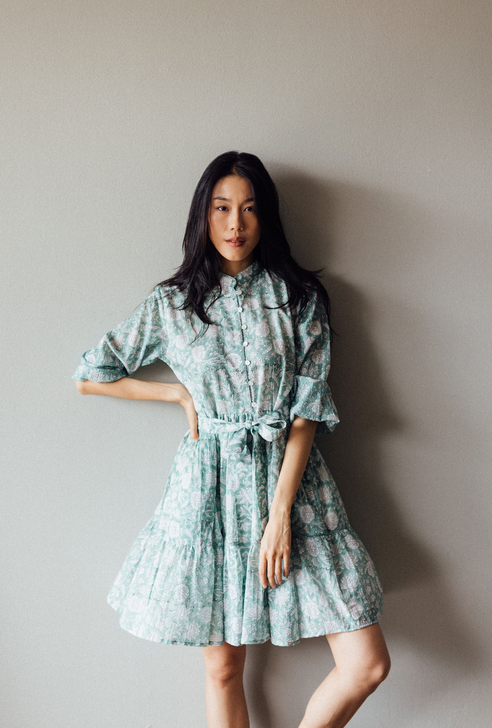 Artful House Block Printed  Sea Greem Lily Mini Dress