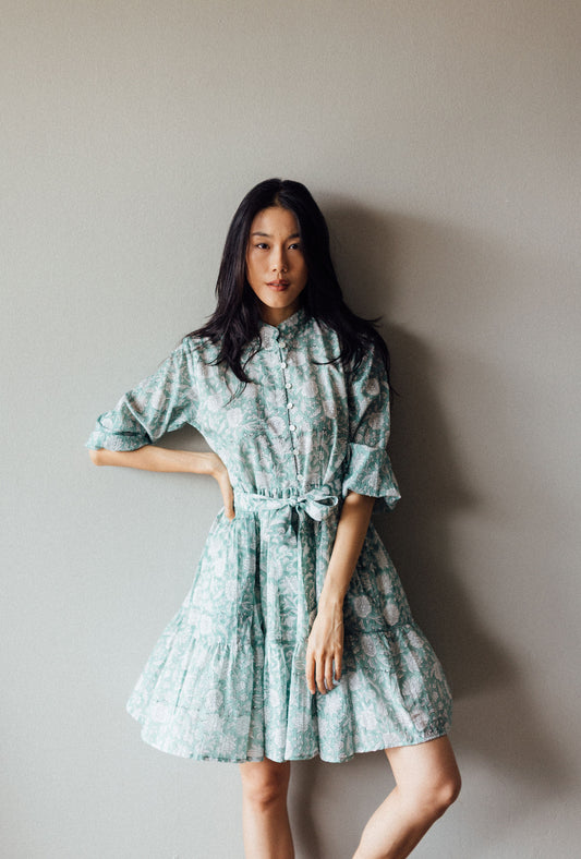 Artful House Block Printed  Sea Greem Lily Mini Dress