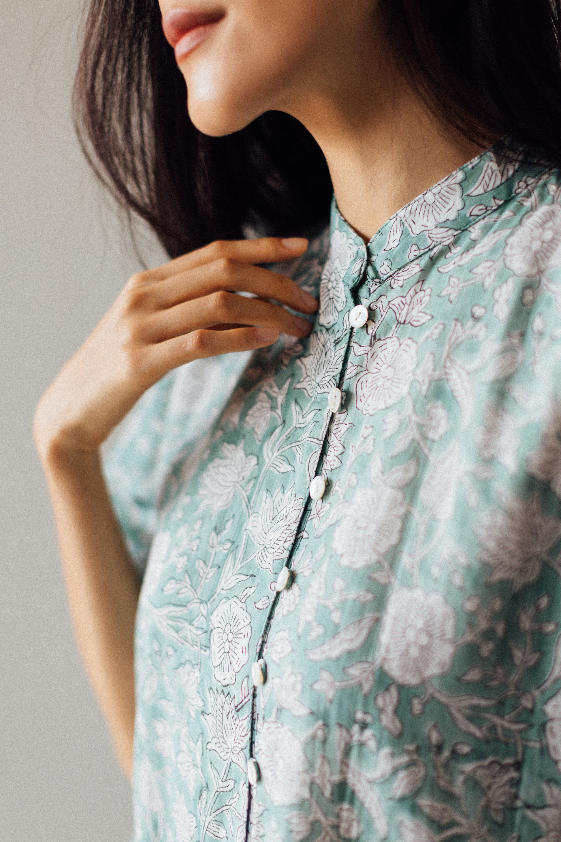 Block Print Dress with Mandarin Collar