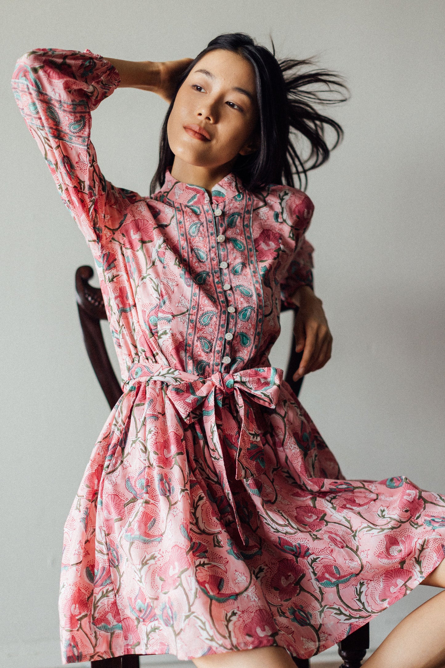 Block print mini dress with lining and belt