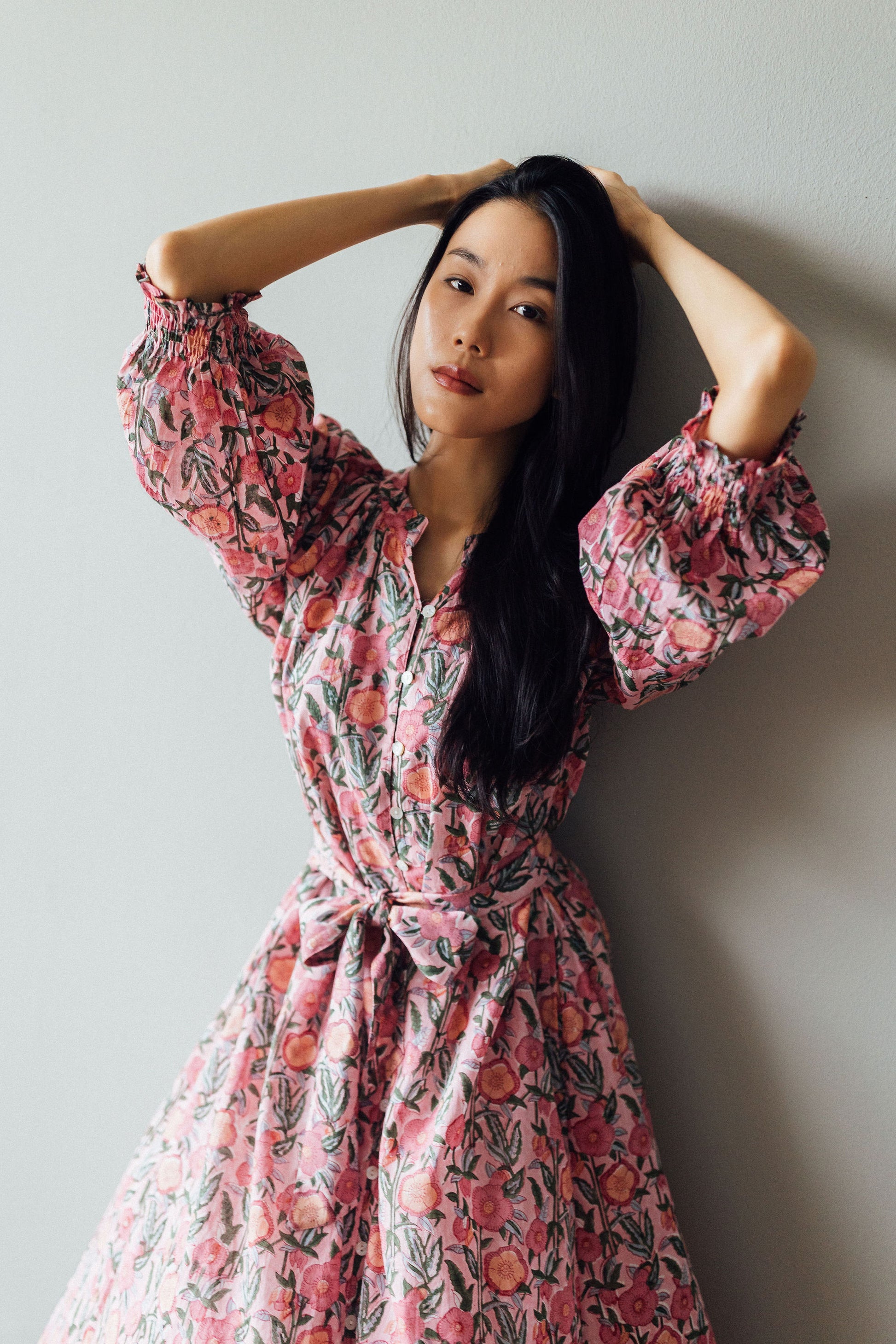 Richmond Midi -Block Printed Cotton Dress with Elasticated Sleeves