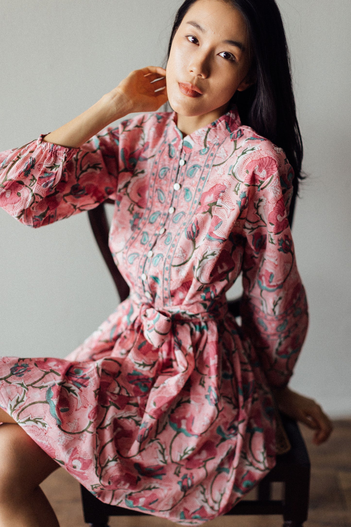 Block printed dress in a strawberry pink palette