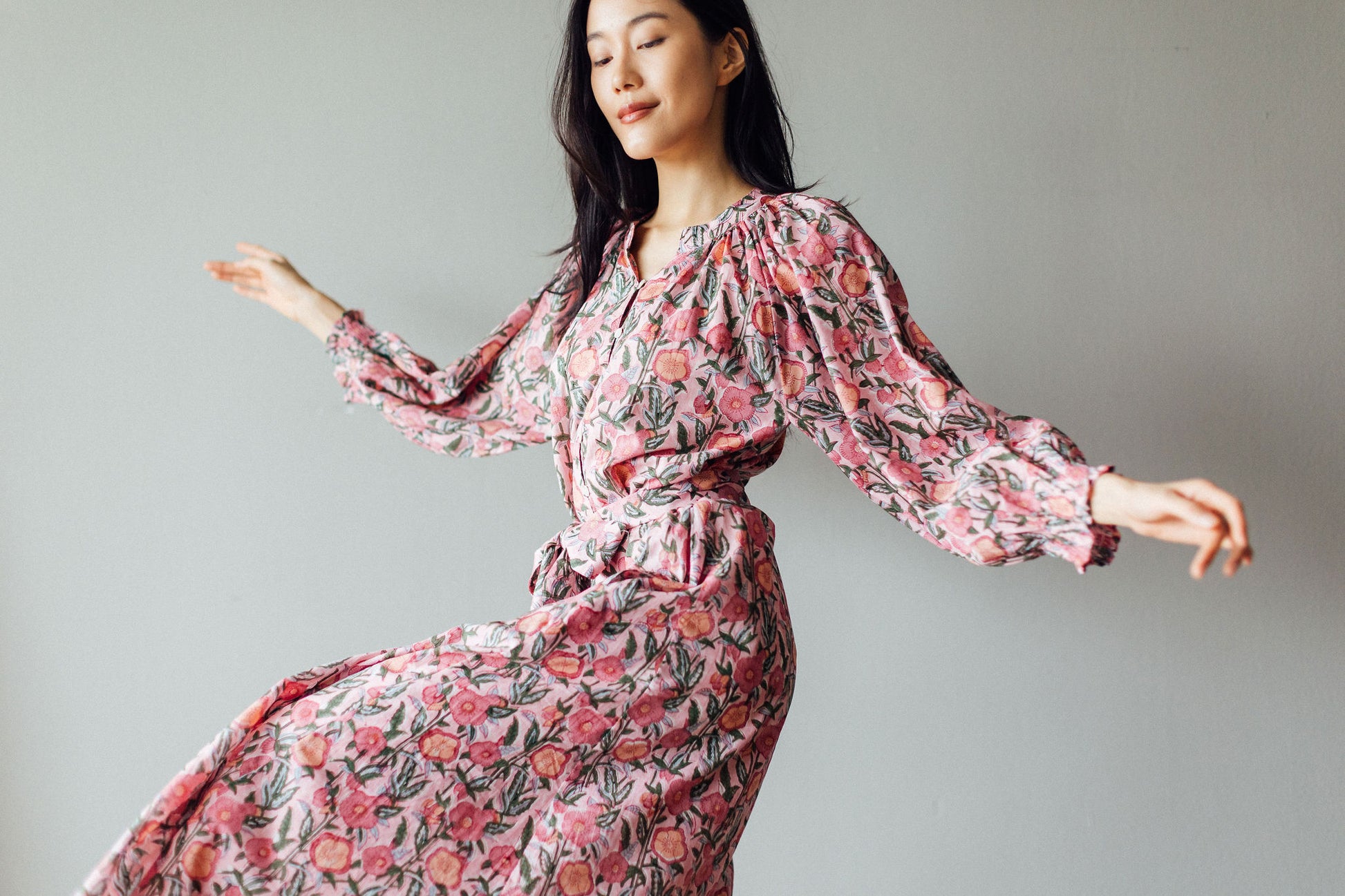 Block Printed Indian Cotton Dress Pink Floral Print