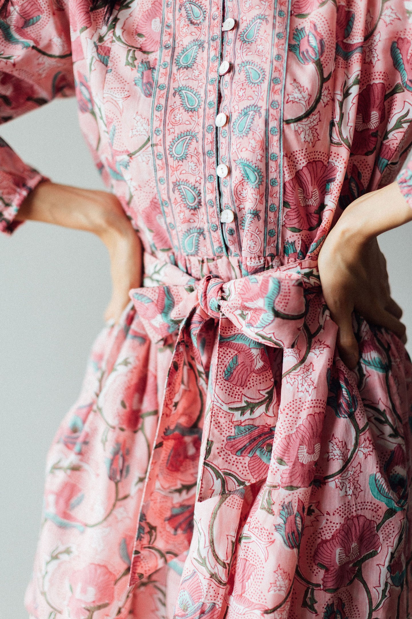 Block print dress with belt