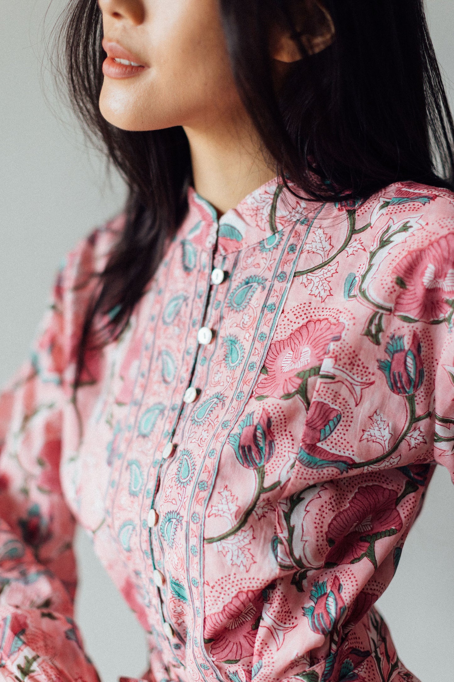 Block print dress with mandarin collar