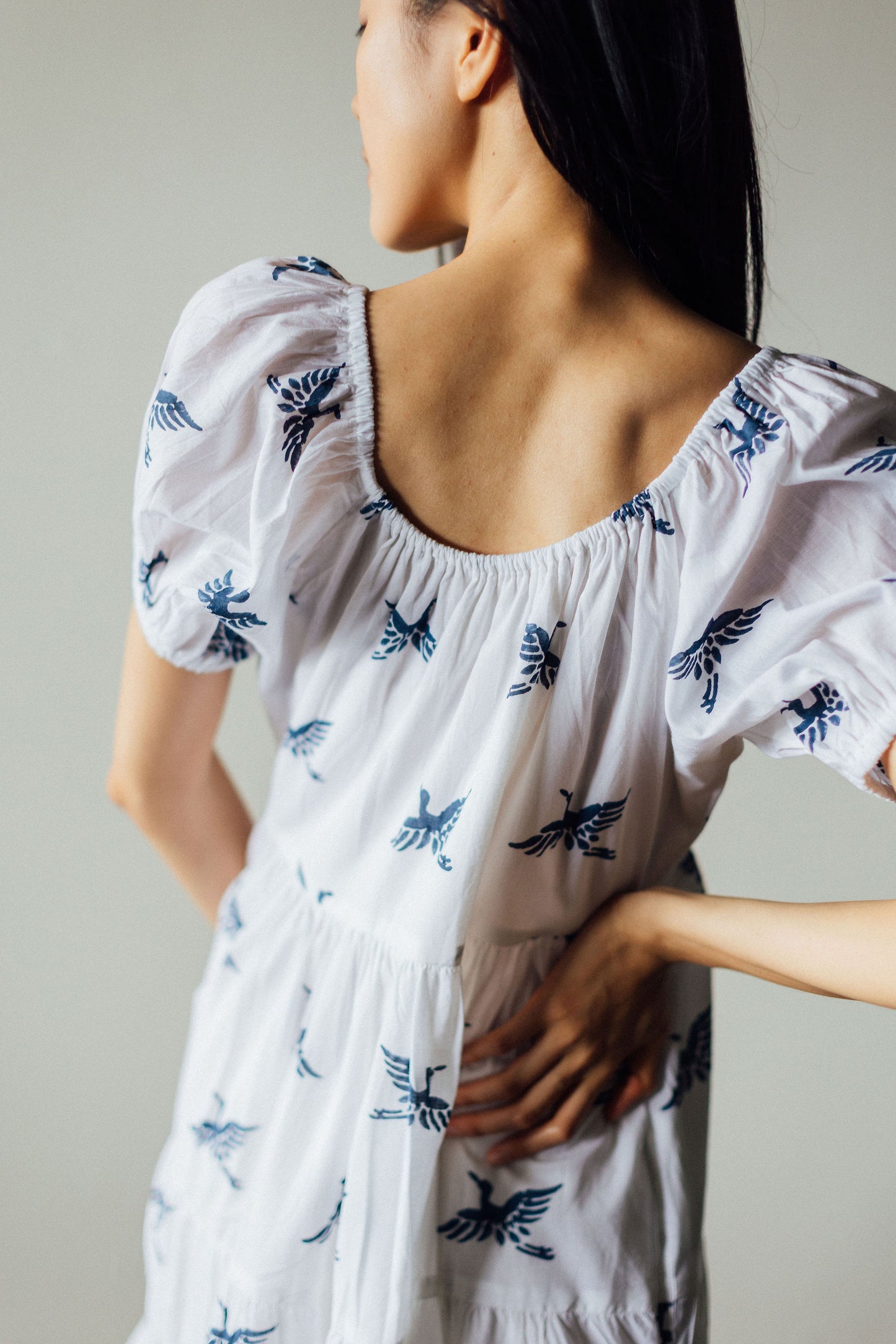 Block print dress with short puff sleeves