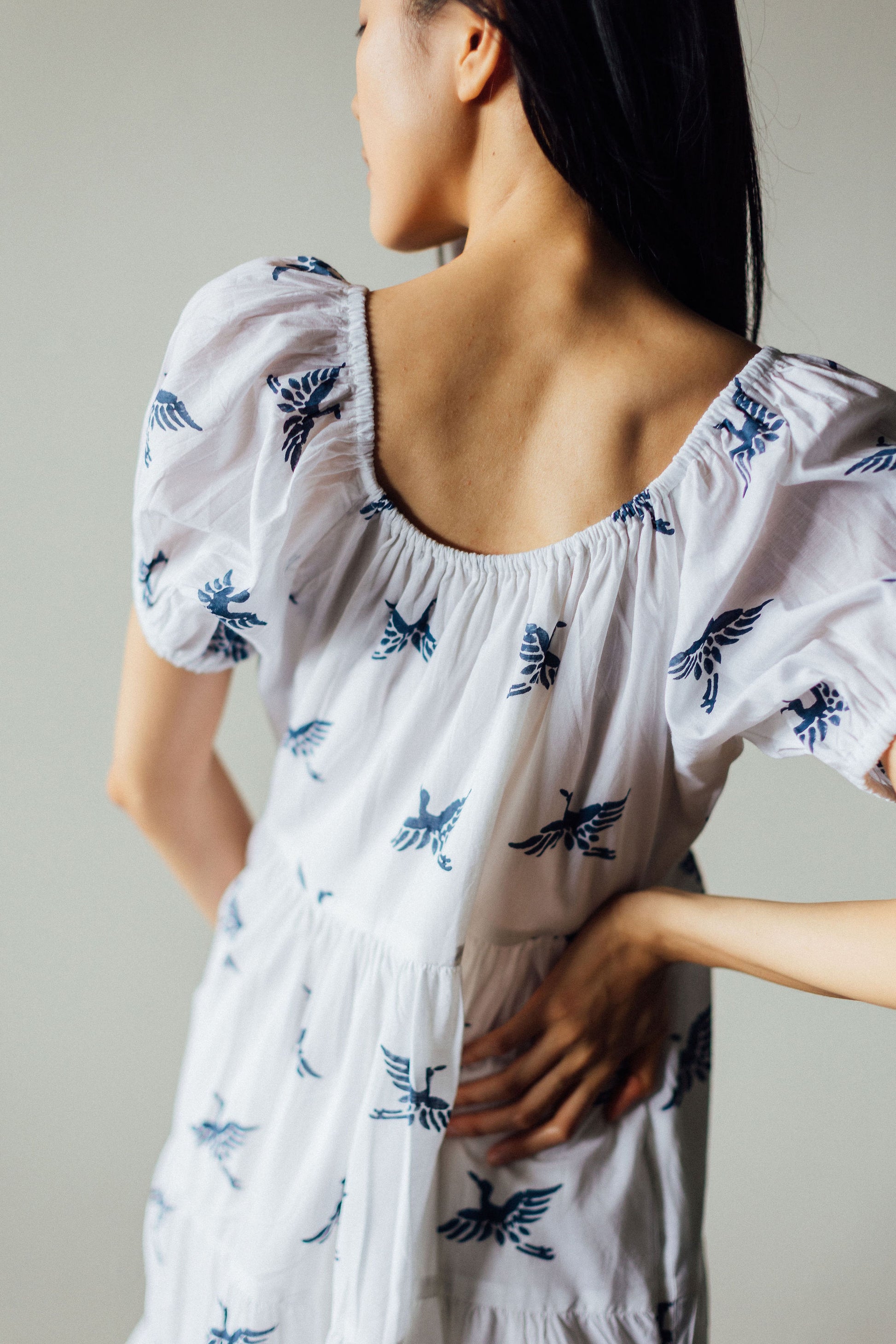 Block print dress with short puff sleeves