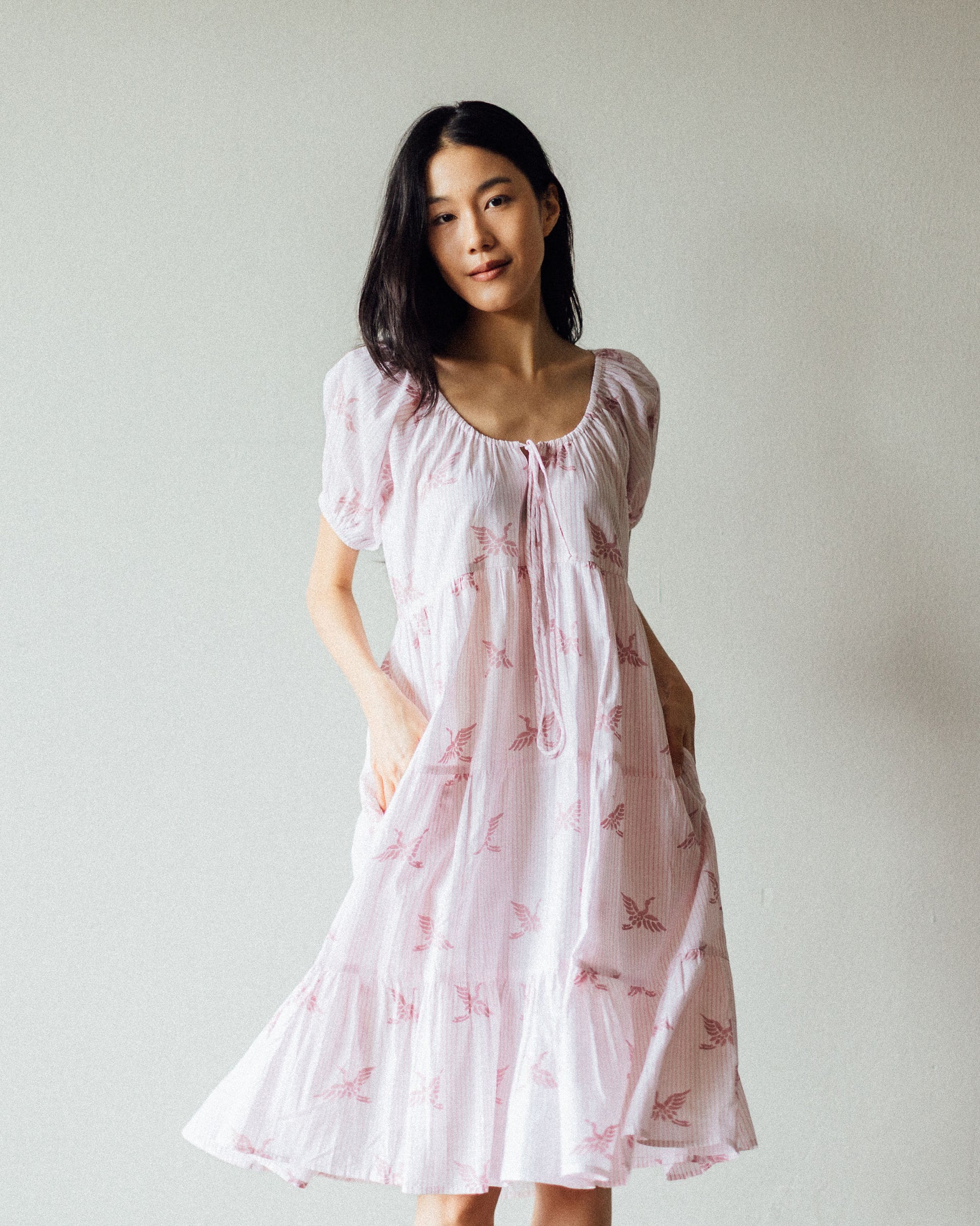 Block Printed Midi Dress in Sakura colour paletter
