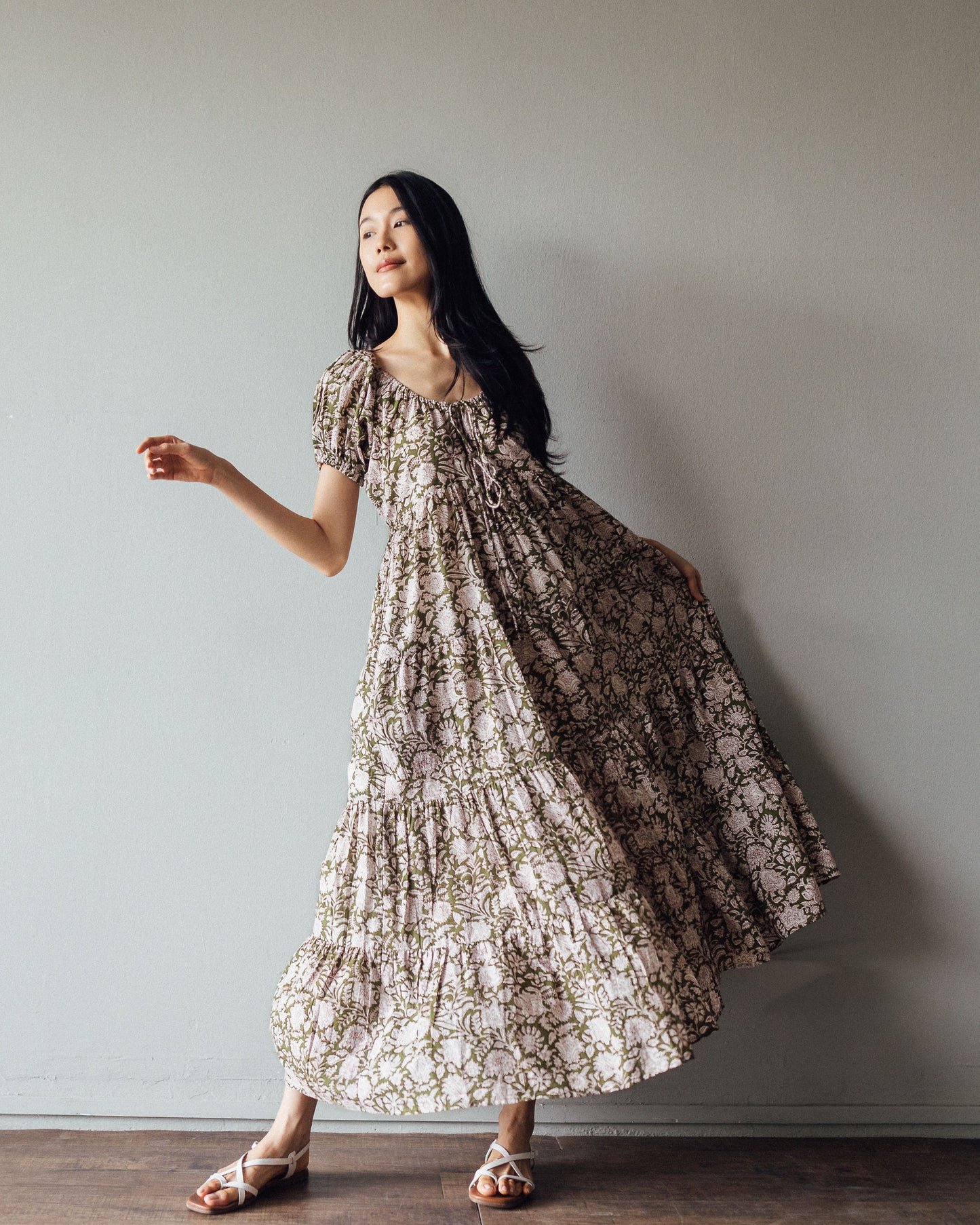 Shop Byron Bay Long Maxi Dress in Olive Floral Block Print online
