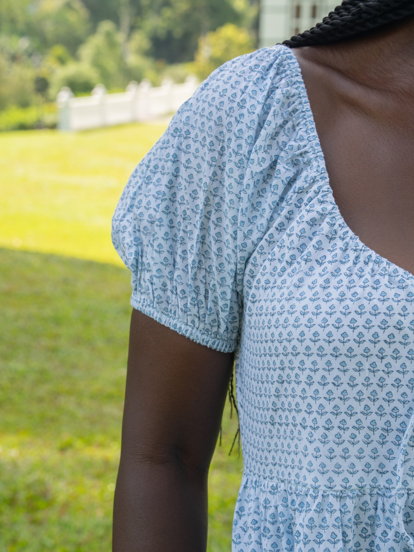 Block print dress with blue flowers