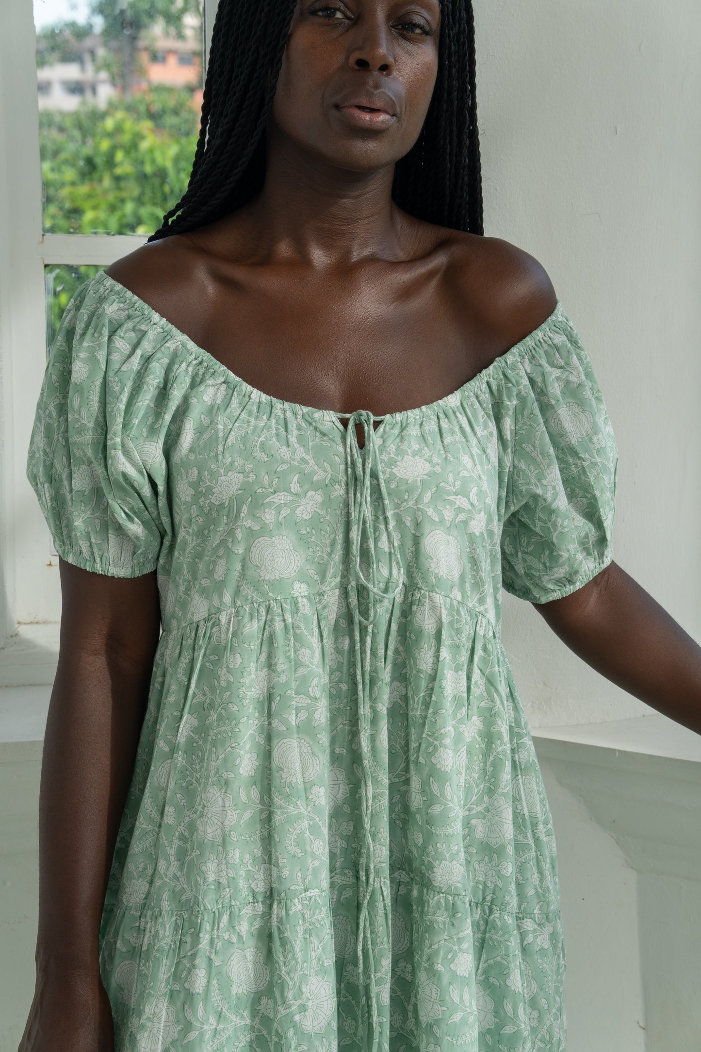 Byron Bay Maxi Dress in Pale Green Floral Block print