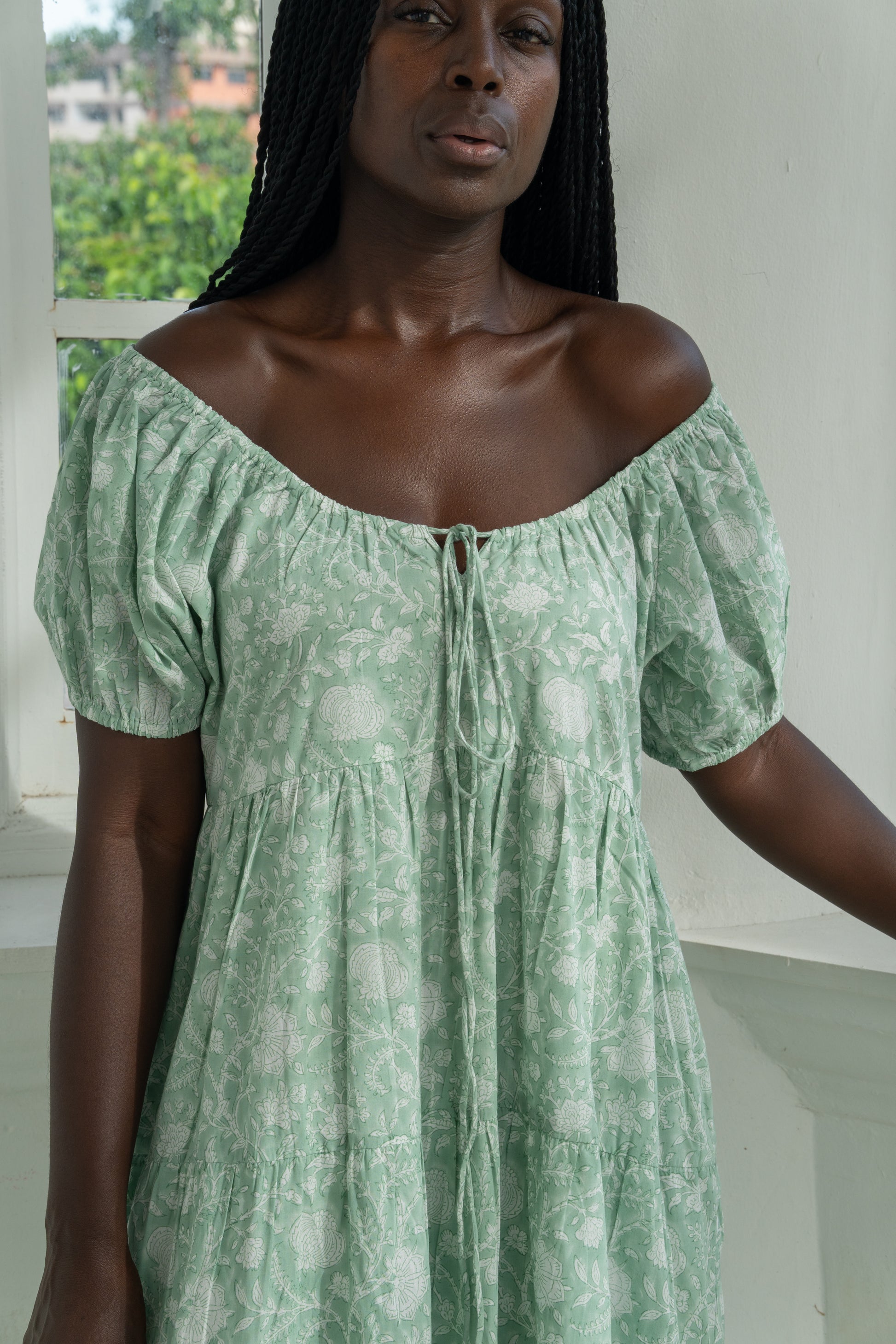 Byron Bay Maxi Dress in Pale Green Floral Block print