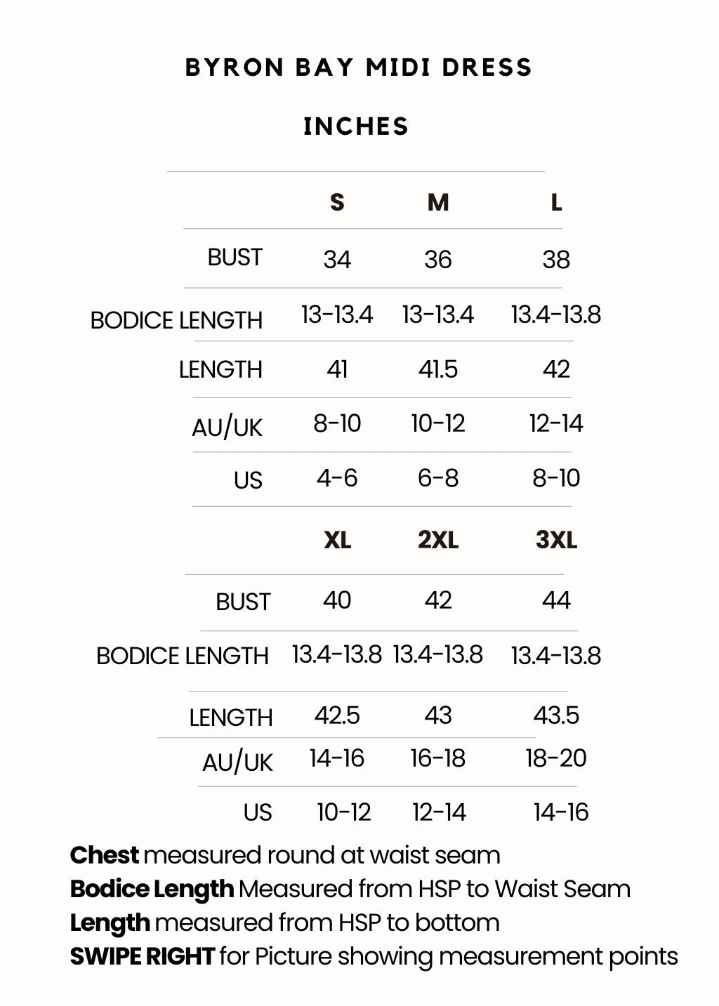 Midi Dress size chart