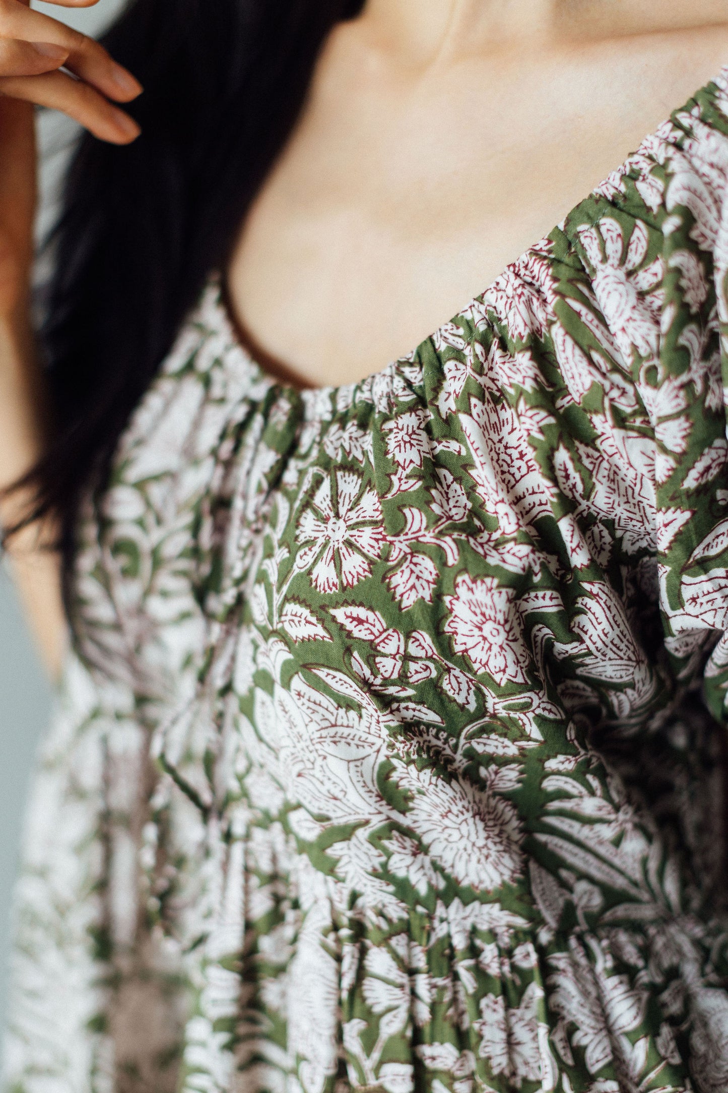 Cotton Block Print Maxi Dress in olive Colour