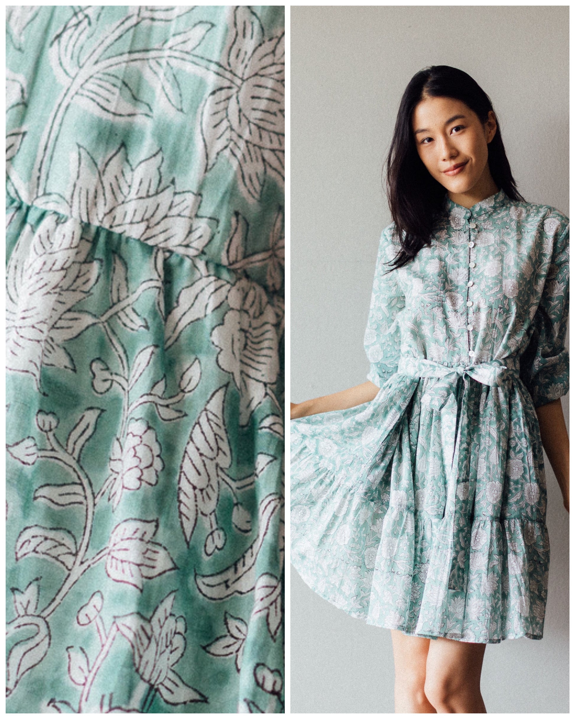 Block Print Details Lily Mini Short Cotton Dress in Sea Green