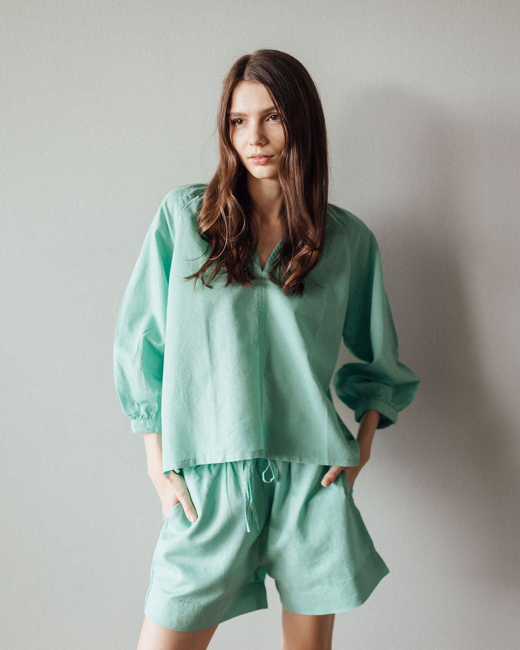 Sloane Women's Shorts & Top Set - Jade Green Cotton Linen