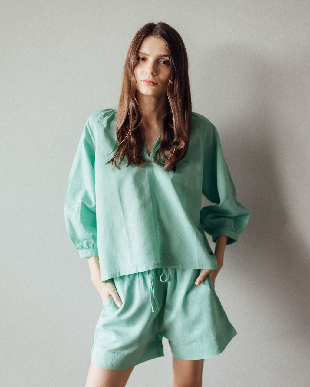Sloane Women's Shorts & Top Set - Jade Green Cotton Linen
