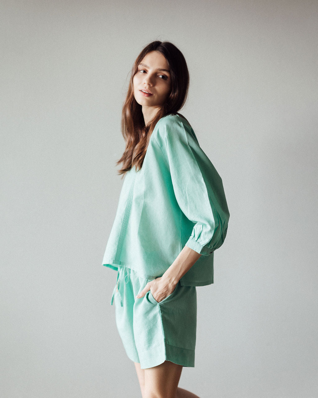 Sloane Women's Shorts & Top Set - Jade Green Cotton Linen