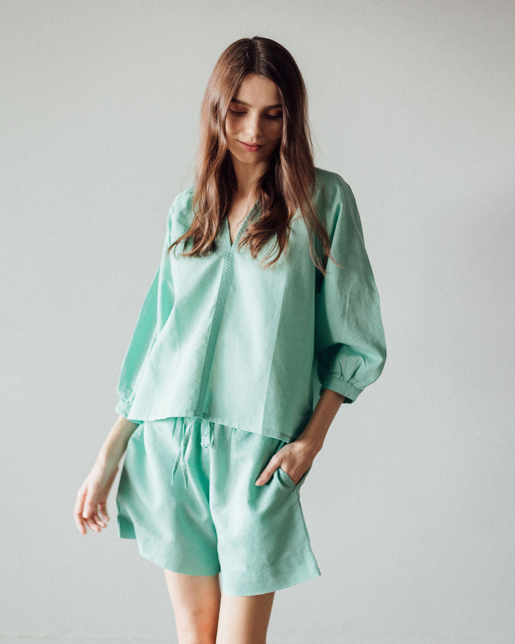 Sloane Women's Shorts & Top Set - Jade Green Cotton Linen