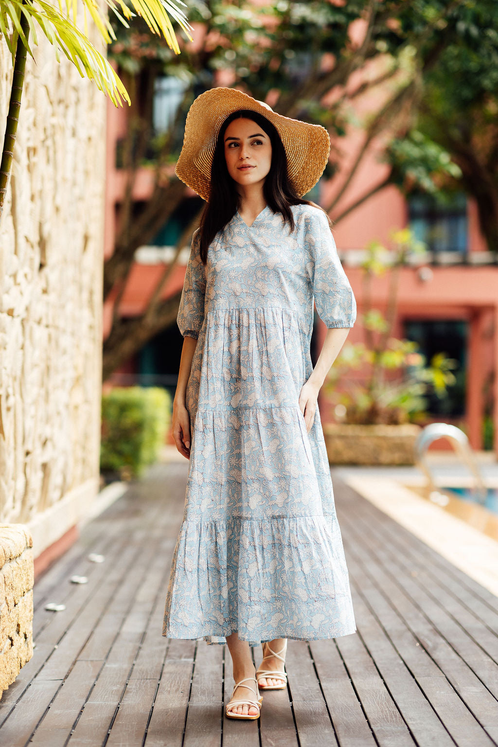 Fern Maxi Dress – Cloud Blue, handcrafted cotton block print maxi dress available from online boutique Artful House