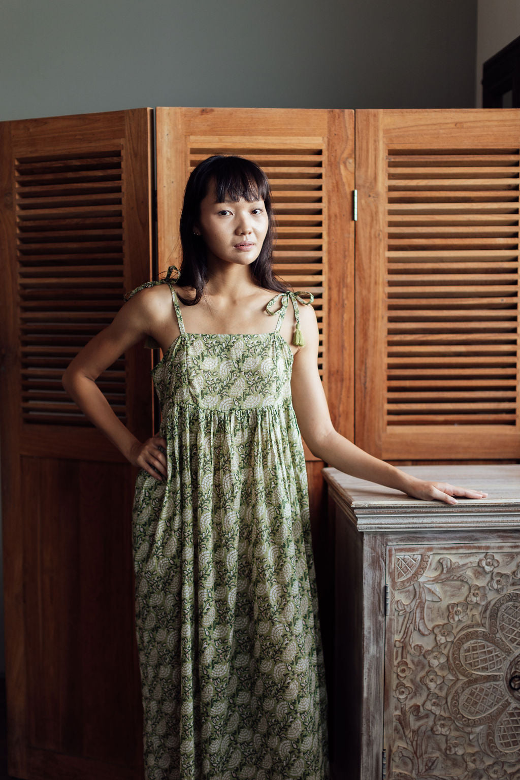 Jade Green Floral Indian Cotton Cami Dress