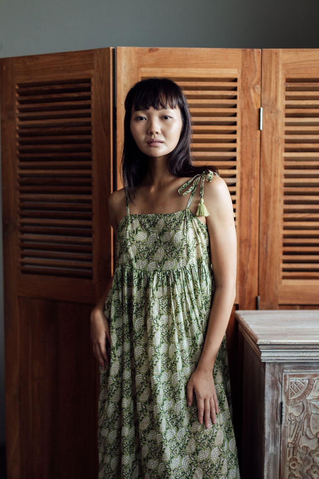 Jade Green Floral Indian Cotton Cami Dress