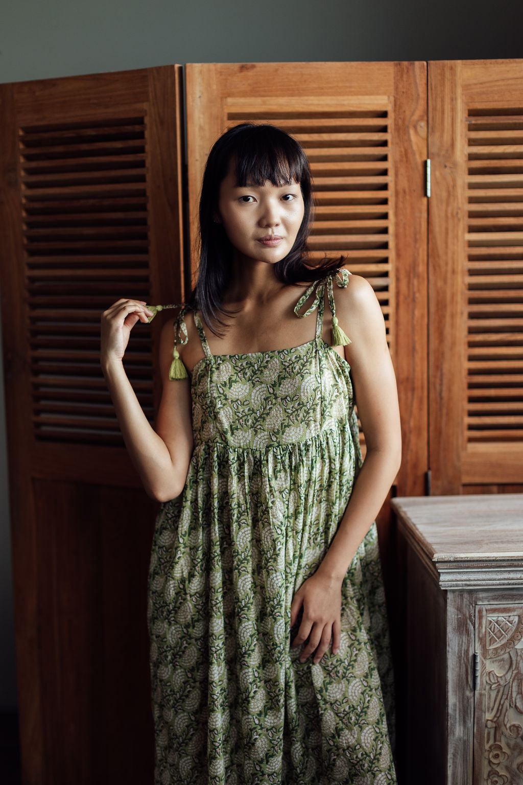 Jade Green Floral Indian Cotton Cami Dress