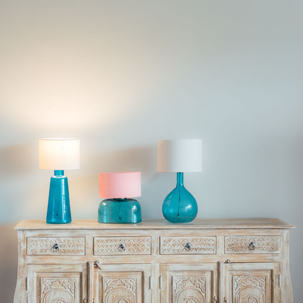clear glass lamp, coloured glass lamp