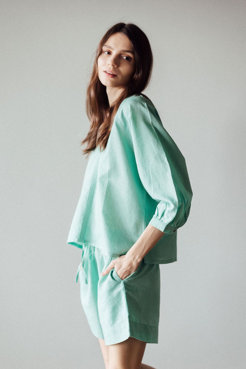 Sloane Women's Shorts & Top Set - Jade Green Cotton Linen