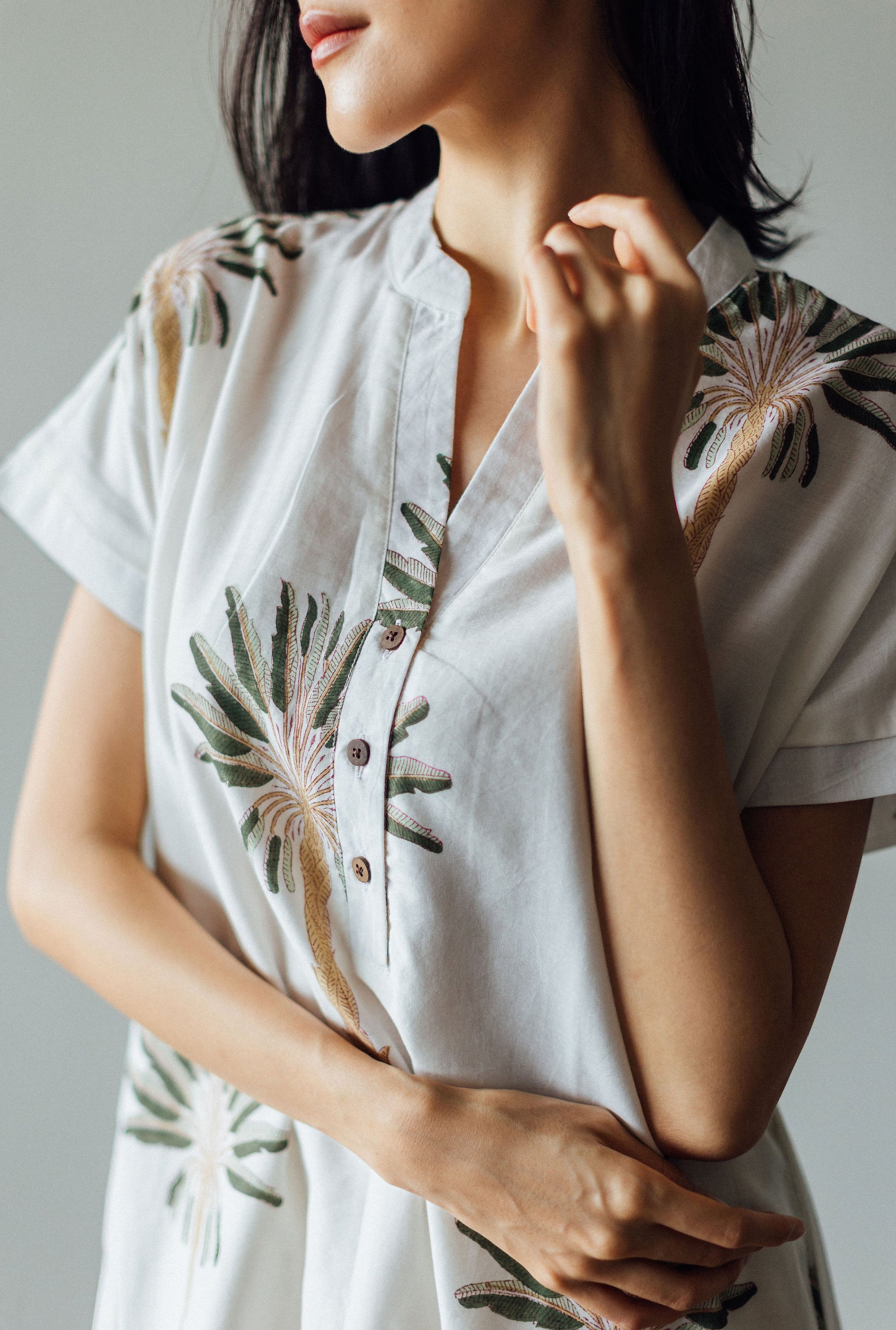 Cotton Dress with Mandarin Collar