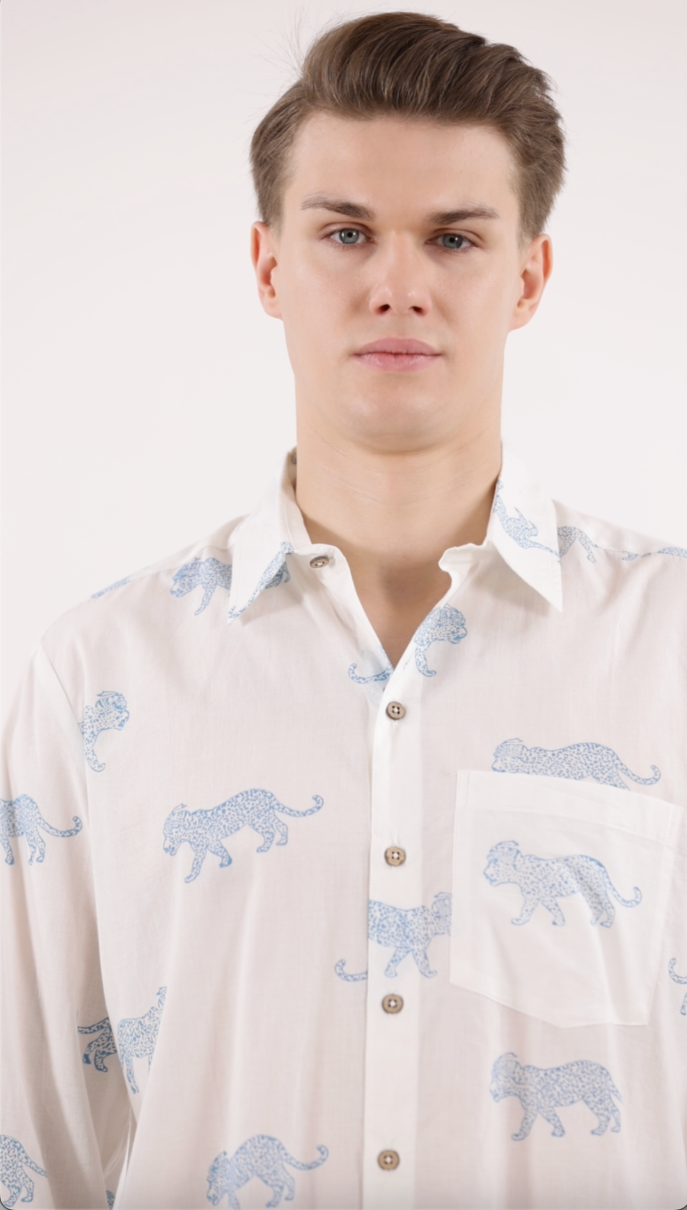 King Leopard Print Men’s Cotton Shirt Blue