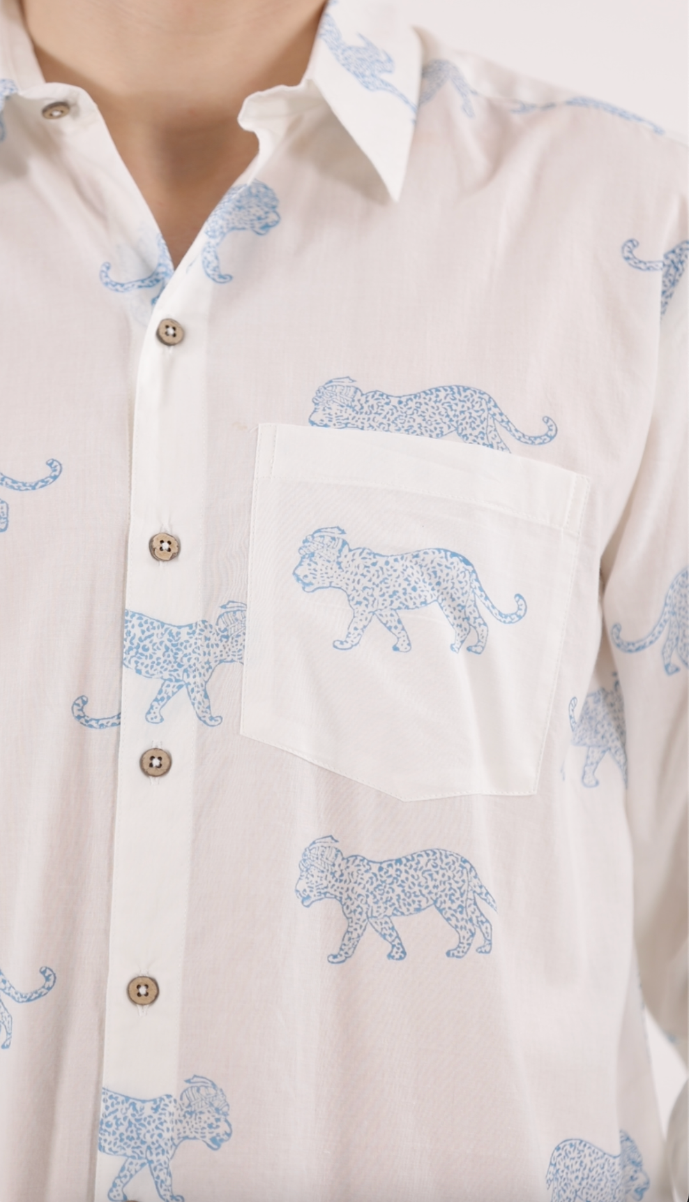 King Leopard Print Men’s Cotton Shirt Blue