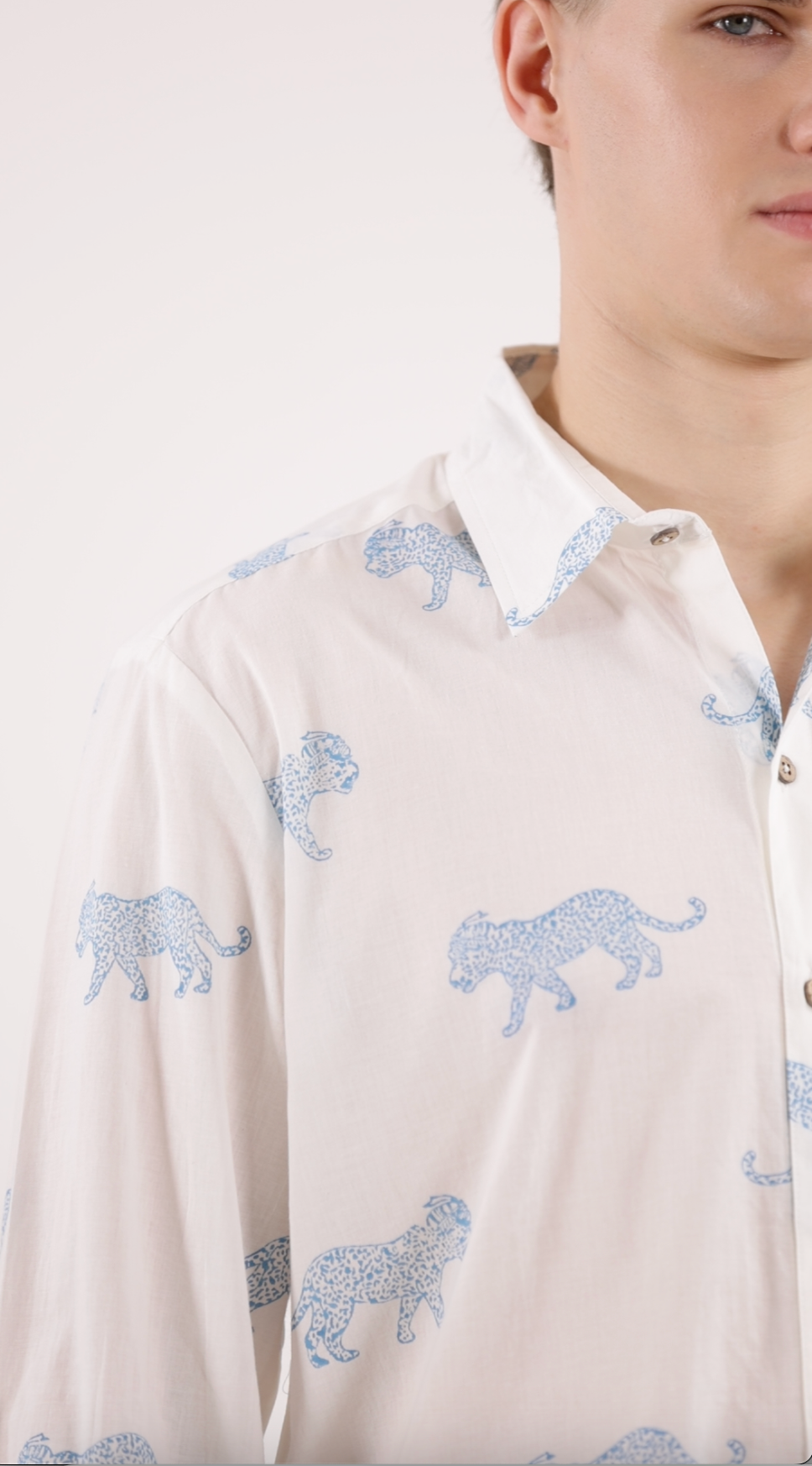 King Leopard Print Men’s Cotton Shirt Blue