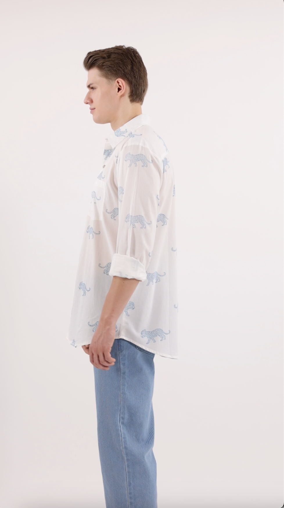 King Leopard Print Men’s Cotton Shirt Blue