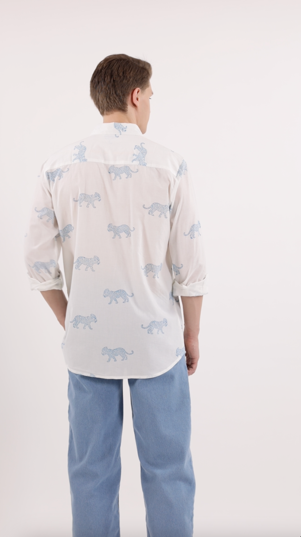 King Leopard Print Men’s Cotton Shirt Blue