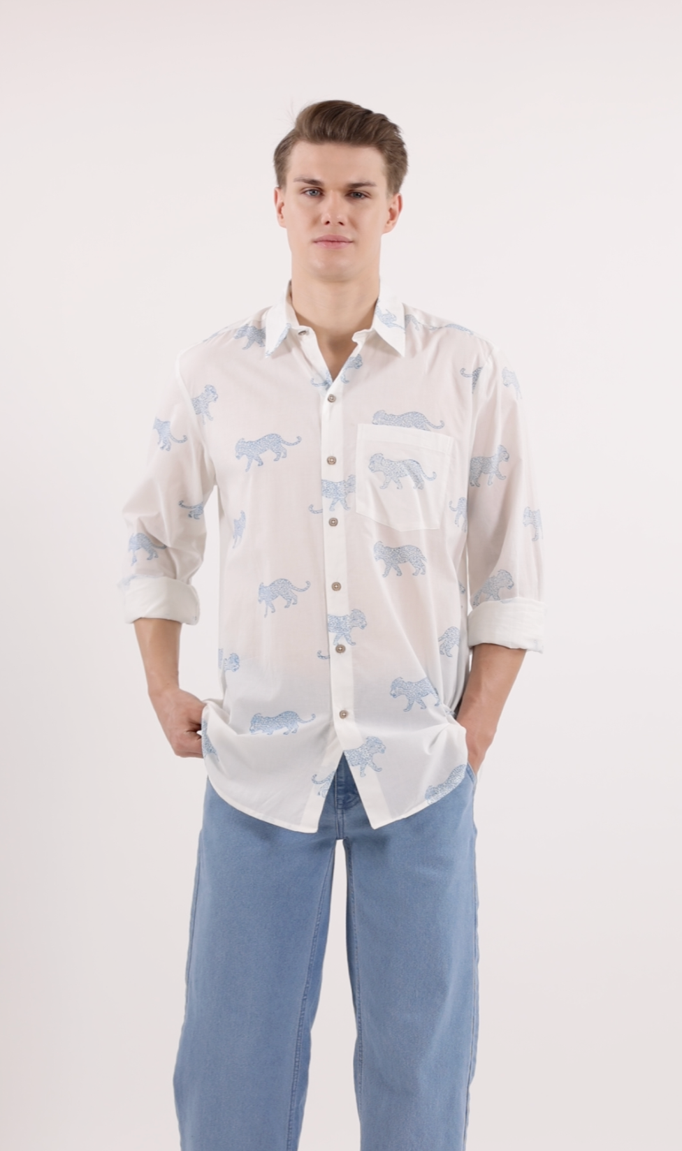 King Leopard Print Men’s Cotton Shirt Blue