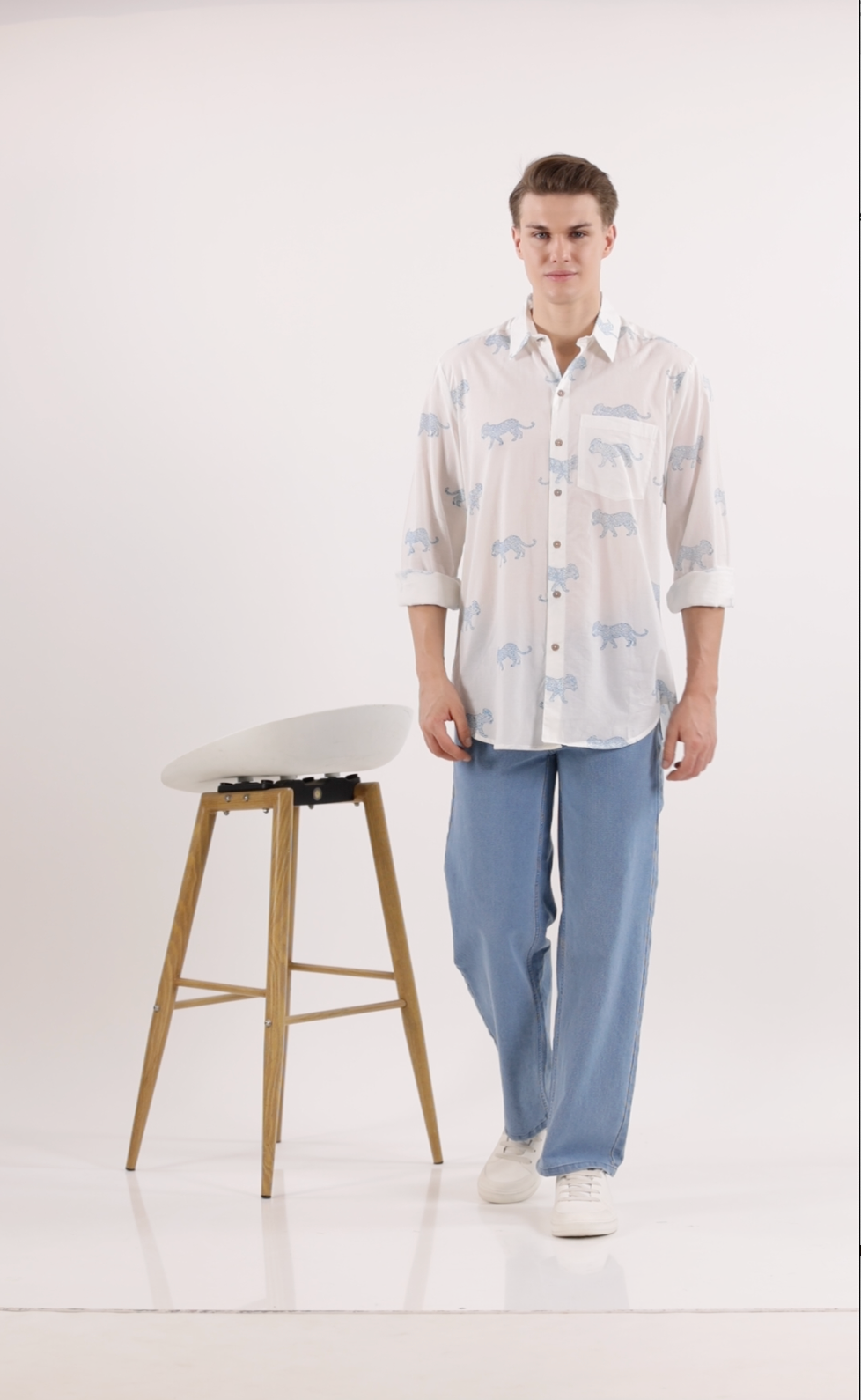 King Leopard Print Men’s Cotton Shirt Blue