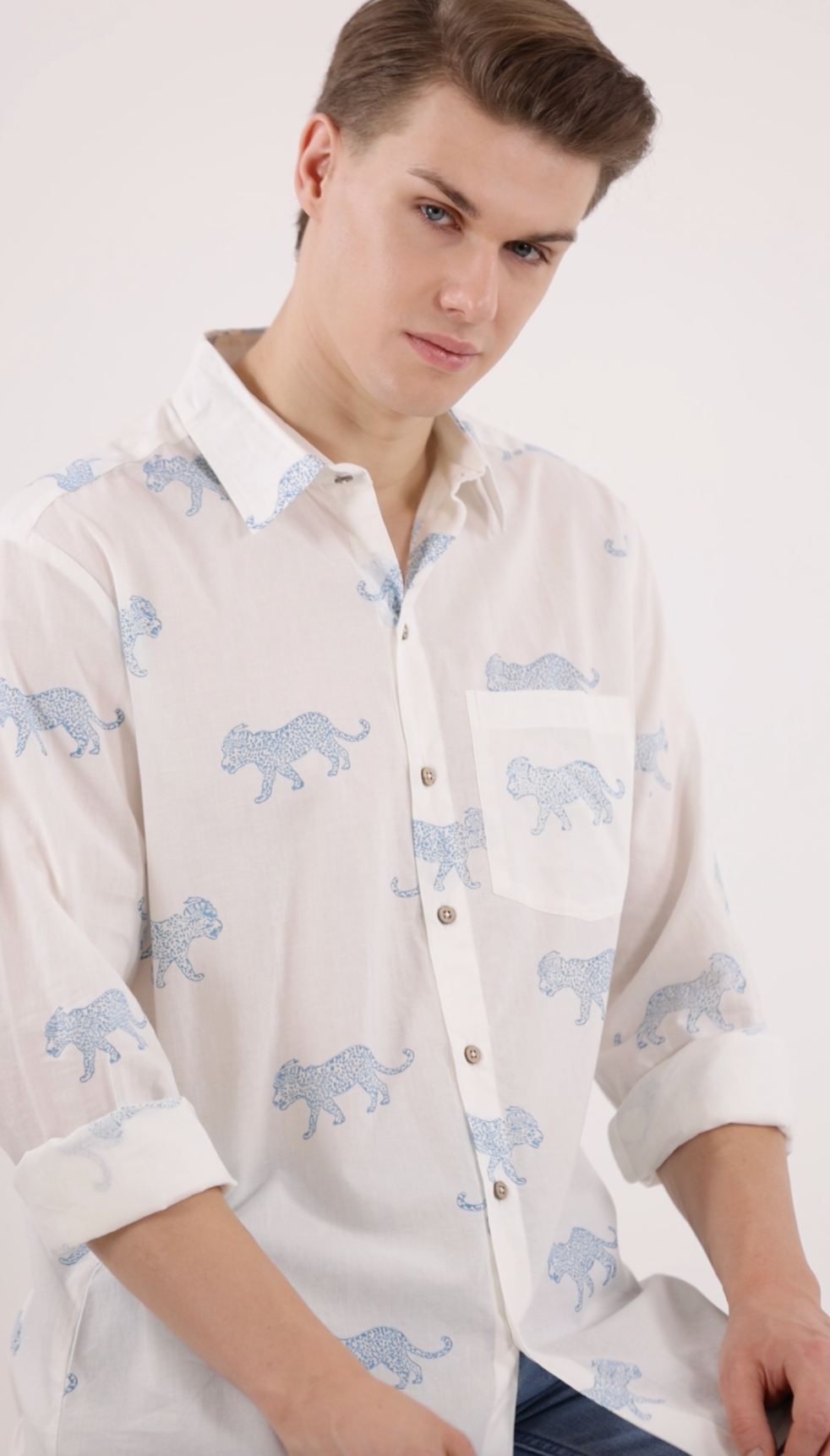 King Leopard Print Men’s Cotton Shirt Blue