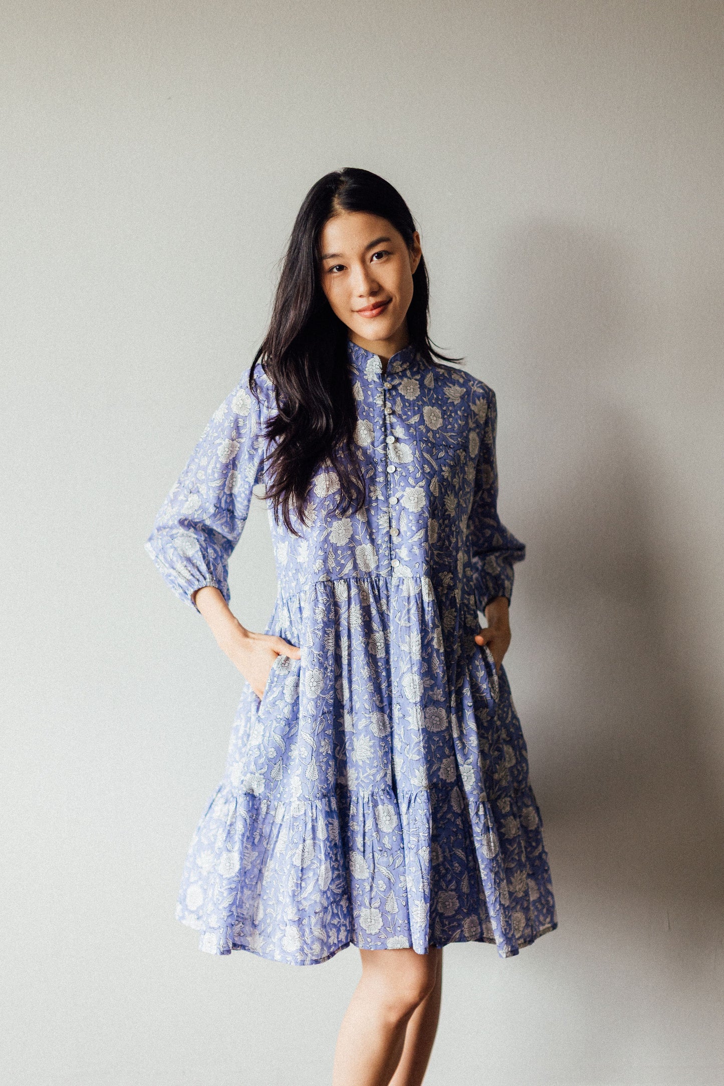 Short Cotton Block Print Dress with Lining