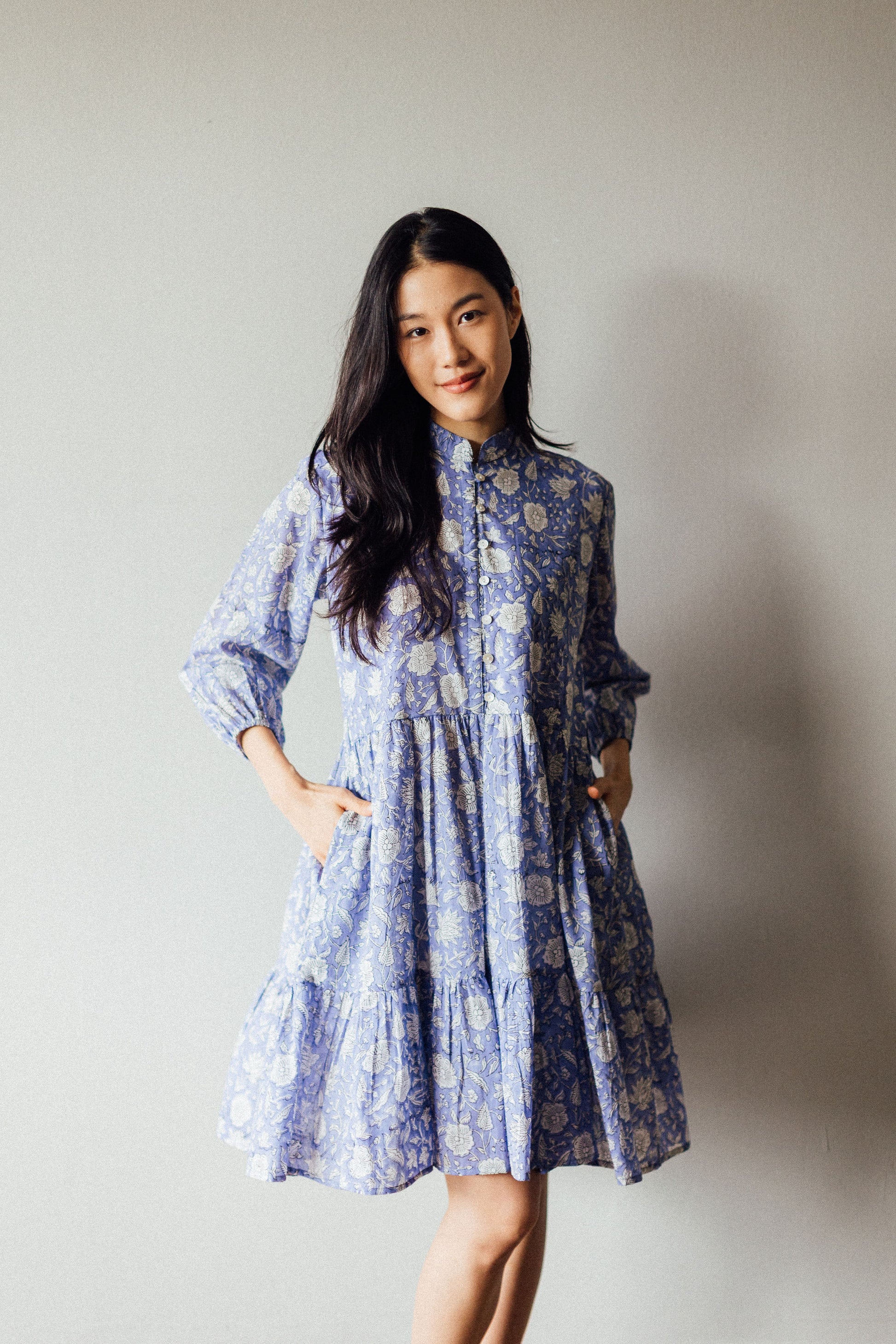Short Cotton Block Print Dress with Lining