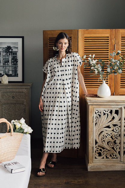 White and Black Square Ikat Dress