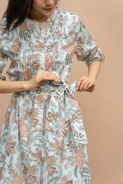 Block printed Dress with belt ships to singapore, australia and Hong Kong