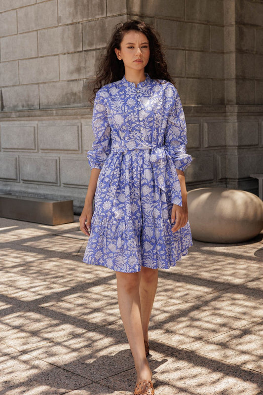 Artful House Clover Mini Lavender block printed cotton mini dress with optional sash belt