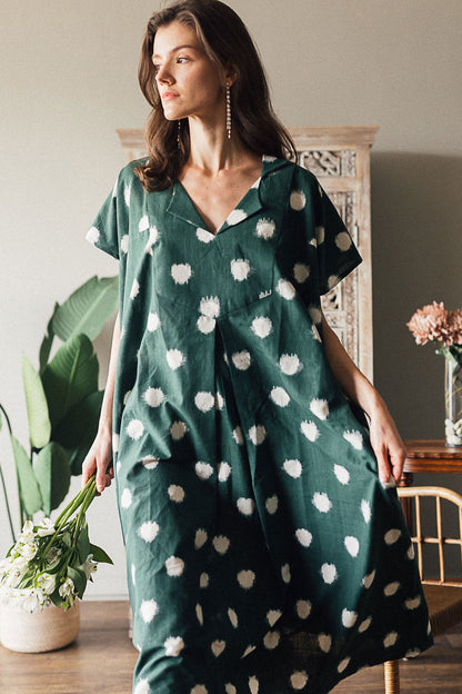 Pine Green Ikat Dot Dress