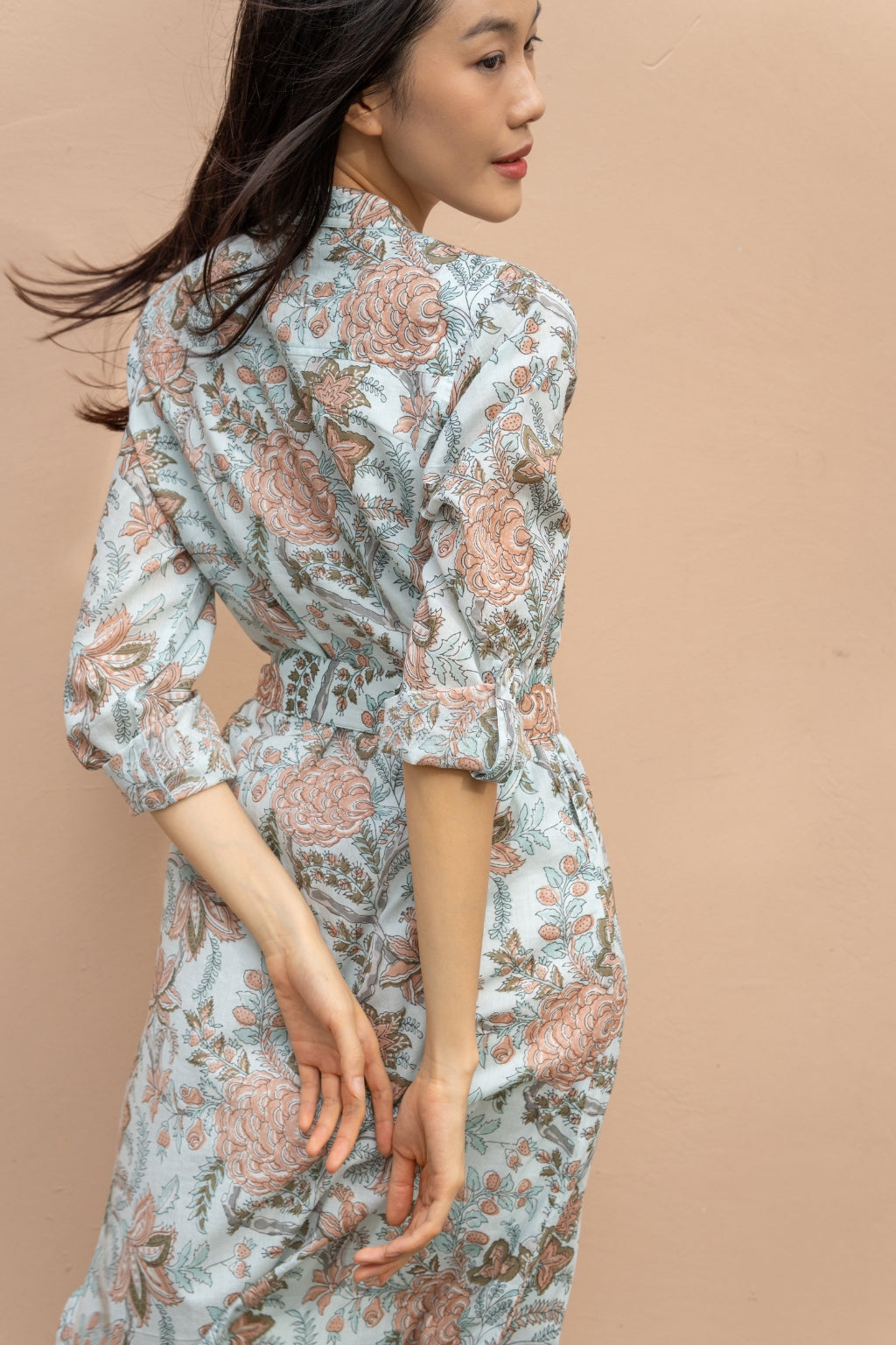 Block printed cotton shirt dress with belt