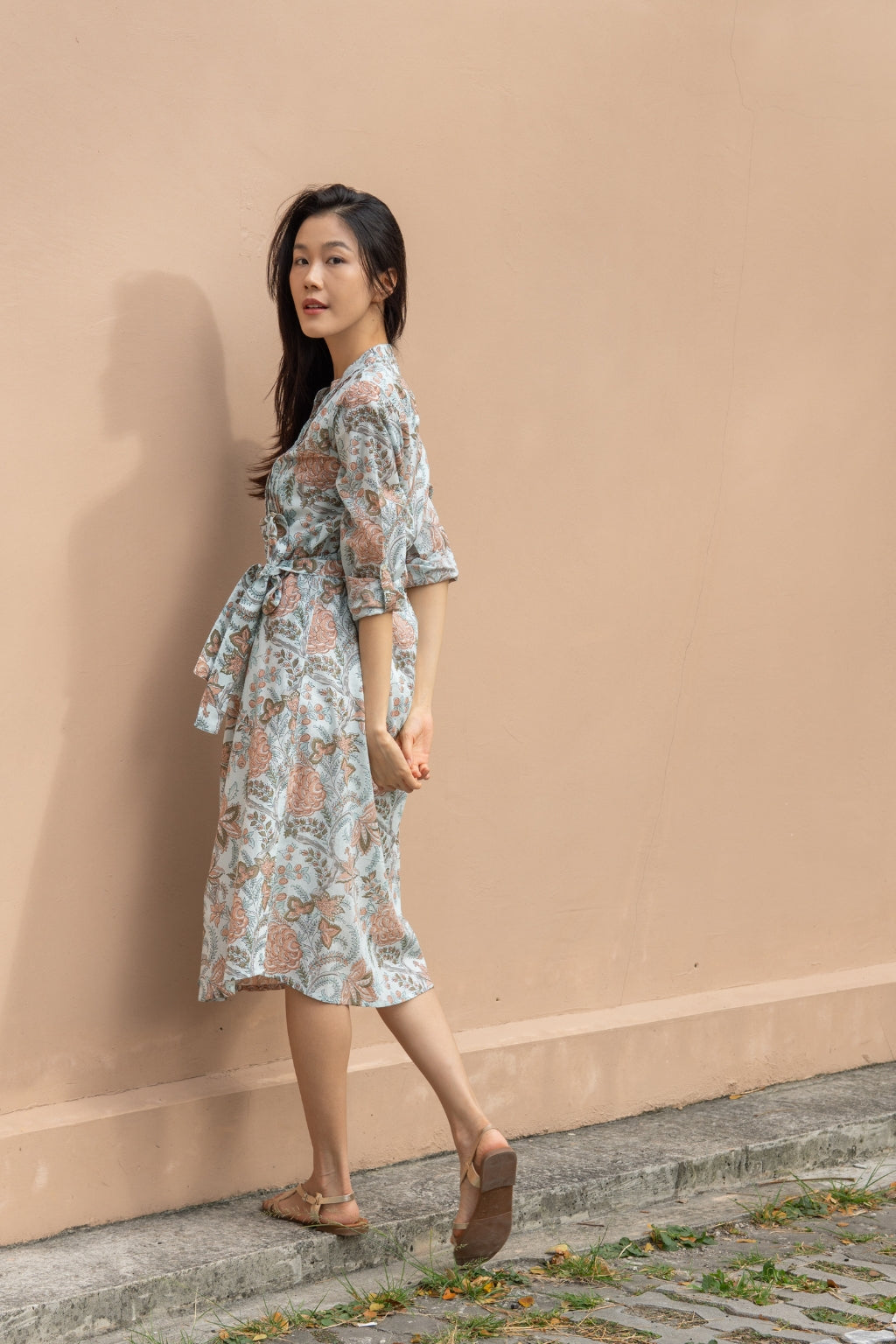 Artful House Tulip cotton midi dress with apricot colour flowers and blooms block printed on pearly blue base