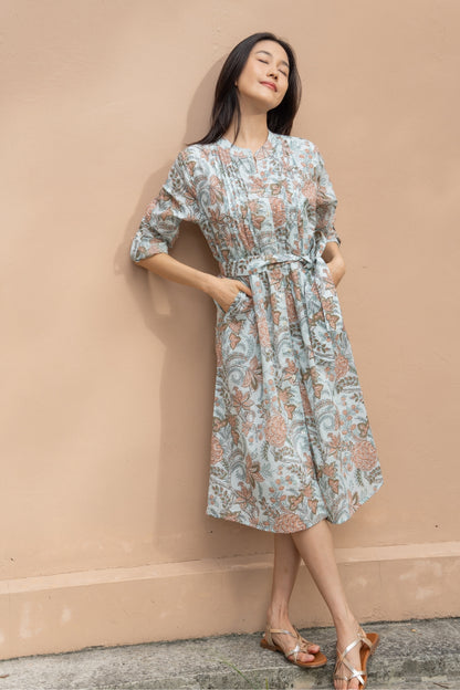 Floral Block printed dress with lining and pockets