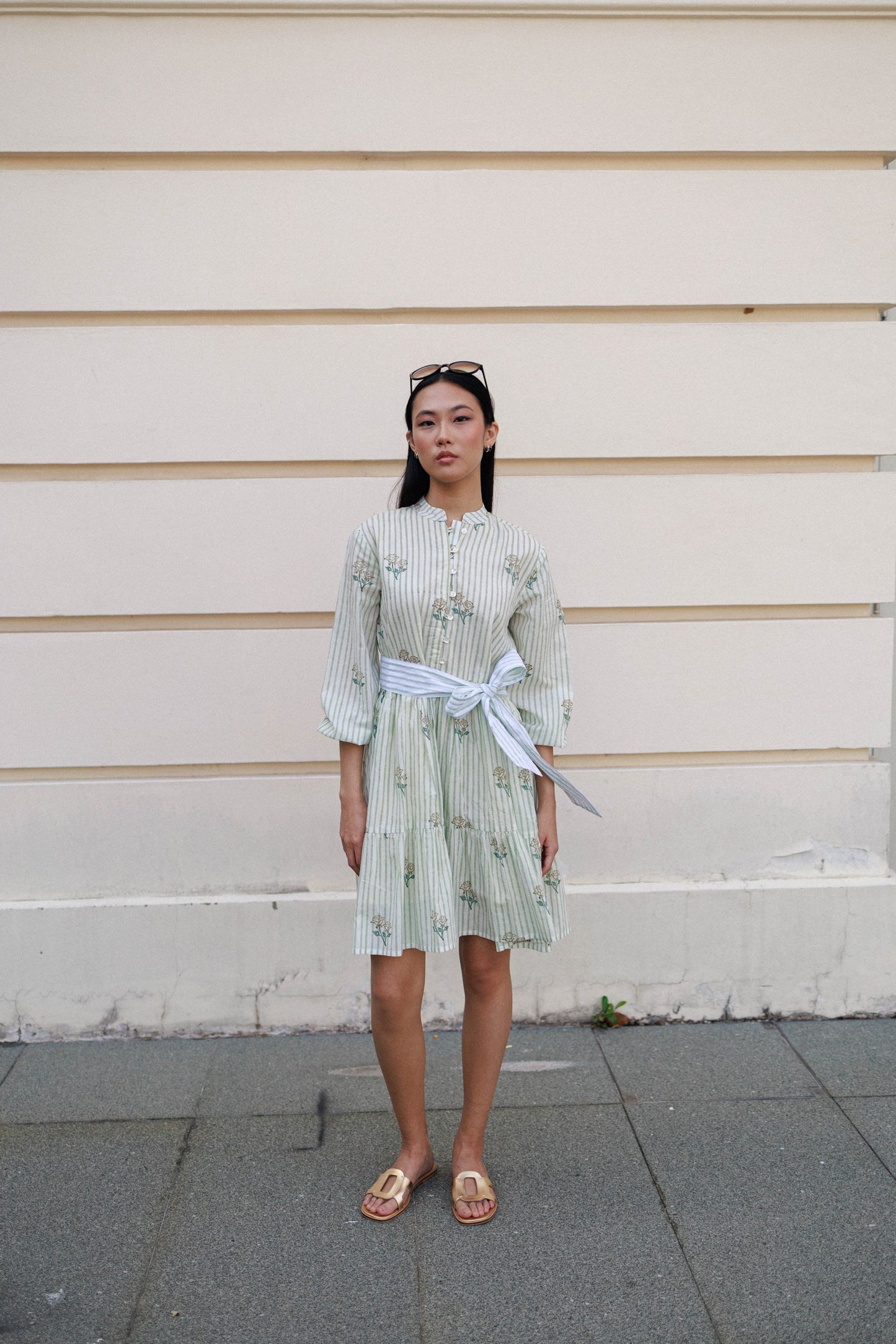 Amber rose block print short cotton dress with pale green stripes peranakan printmini dress Singapore