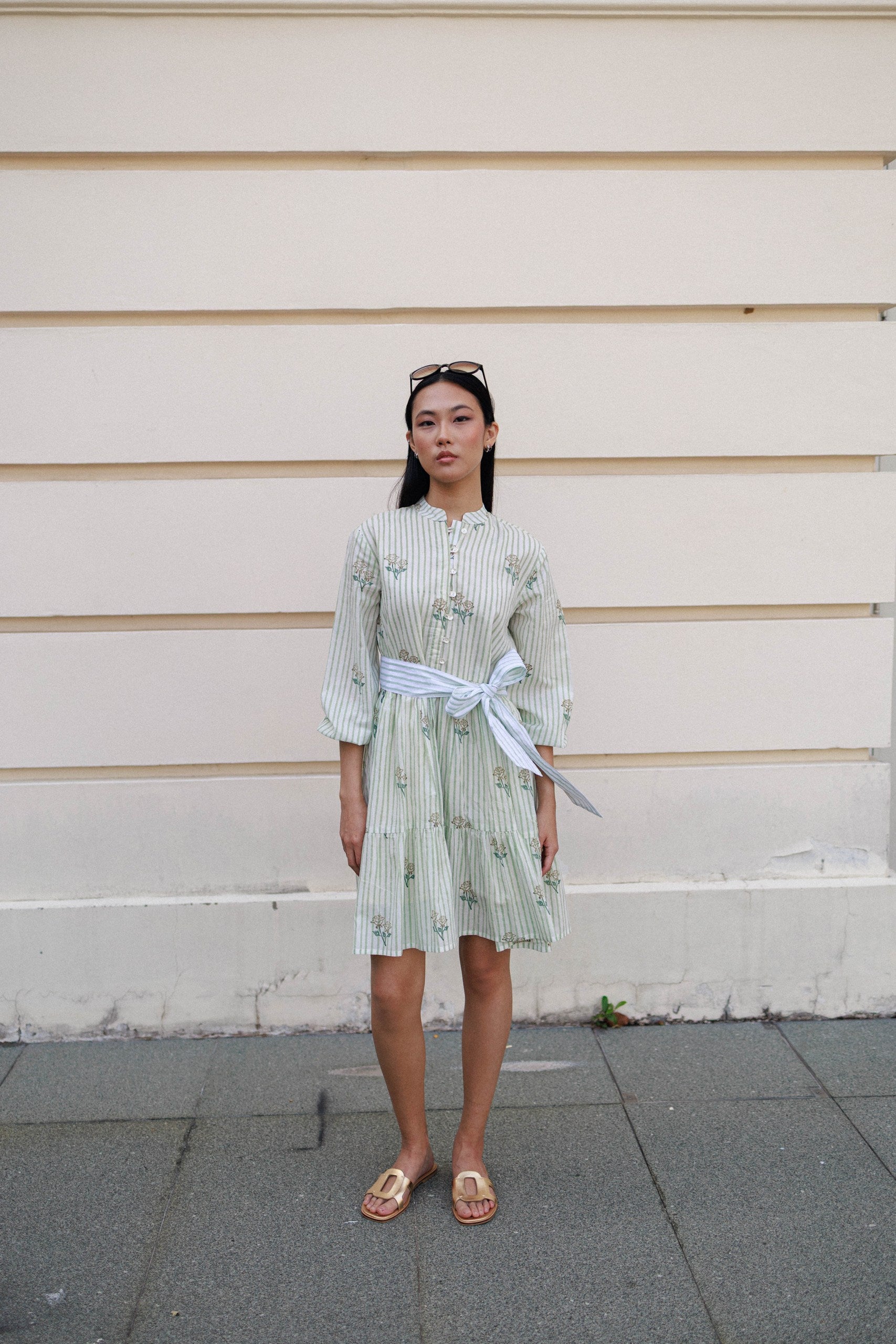 Amber rose block print short cotton dress with pale green stripes peranakan printmini dress Singapore