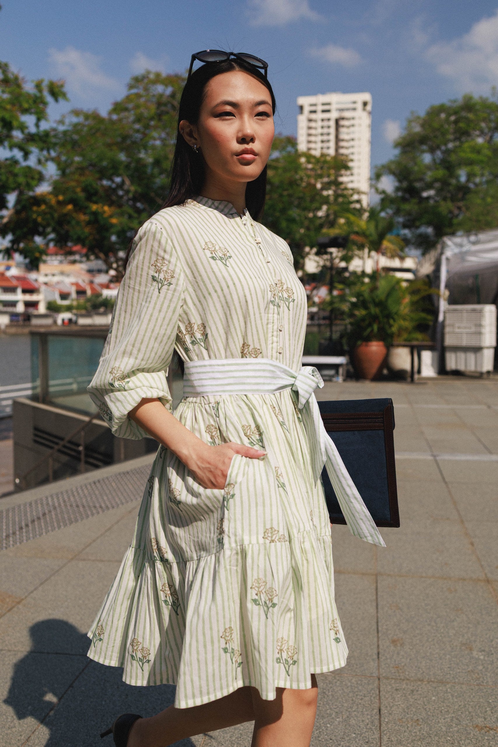 Amber rose cotton short dress Singapore block printed floral mini dress with adjustablebelt